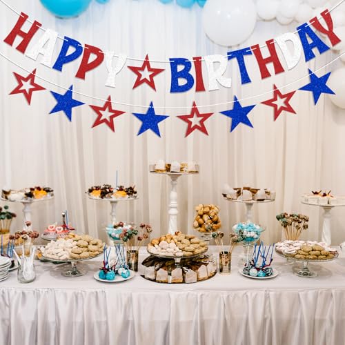 Image of Red White & Blue Happy Birthday Banner Decoration Glitter American Themed Stars Decorations for 4th of July Memorial Day Party Independence Day Birthday Decorations
