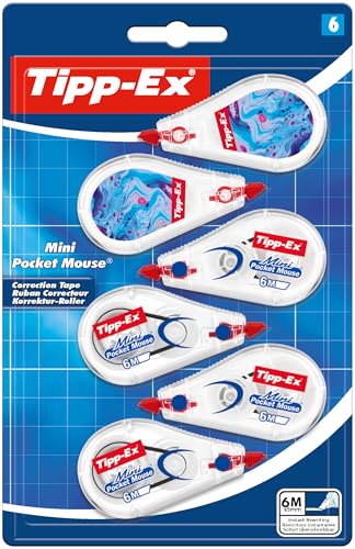 Tipp-Ex Mini Pocket Mouse Korrekturband mit reißfestem Kunststofffilm 2 mit coolen Hydro Dipping-Motiven und 4 im Original-Gehäuse Packung à 6