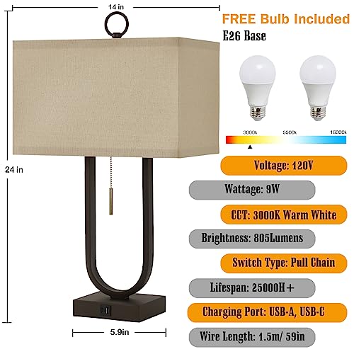 Luvkczc 107 Nightstand Lamps Set Of 2 With Usb C+A Ports, 24'' Tall Table Lamp With Two 3000K Led Bulbs, Beige Lampshade, Modern Bedside Lamp For Living Room, Bedroom thumb #3