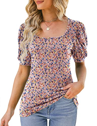 Micoson Womens Scoop Neck Tops Puff Short Sleeve T Shirts Blouses Pink Floral Slim Fit Tee S #TOP16