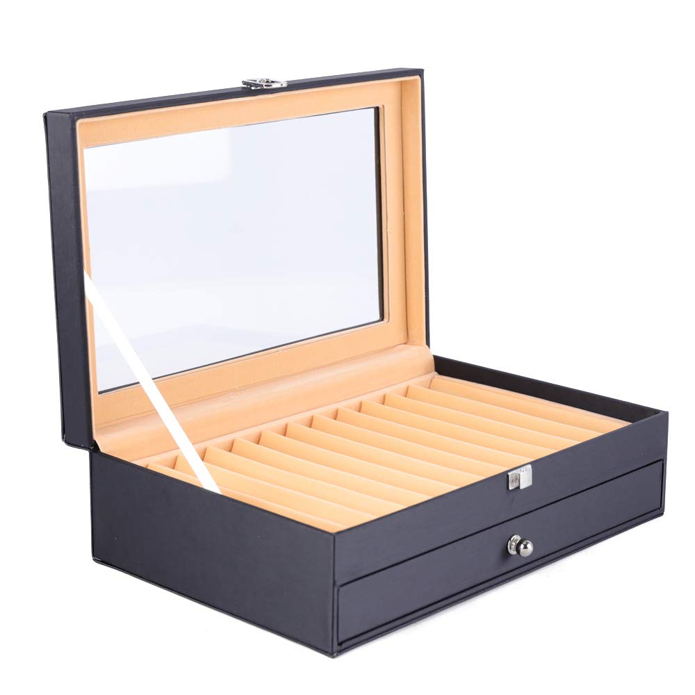 Scatola portapenne in legno per 24 penne stilografiche, stile retrò, con finestra in vetro e cassetti a 2 livelli, in legno, 30,5 x 20 x 9,5 cm, colore nero