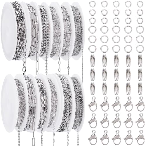 SOFPLATE 12 Rolls 32M/105 Feets Cable Chain Roll Silver Paper Clip Chain Bulk Stainless Steel Textured Ball Paperclip Venetian Link Connector Chains Kits for Jewelry Making Necklace Bracelet DIY Craft