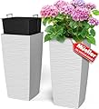Mueller M-Resin Heavy Duty Tall Planters for Outdoor Plants, Indoor Grande Plant Pots, Boxes, Trees, Flower Pots, 2-Piece Set, 24”, Modern Design, Built-in Drainage, Front Porch Decor, White