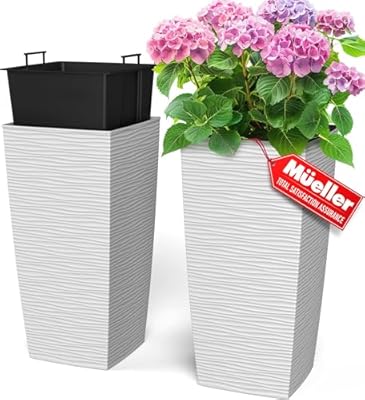 Mueller M-Resin Heavy Duty Tall Planters for Outdoor Plants, Indoor Grande Plant Pots, Boxes, Trees, Flower Pots, 2-Piece Set, 24”, Modern Design, Built-in Drainage, Front Porch Decor, White