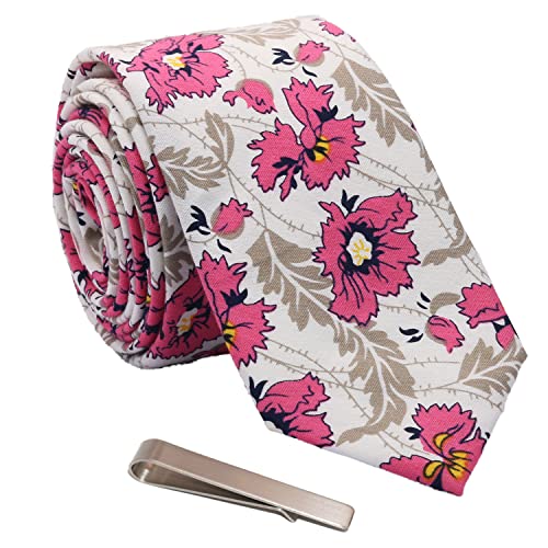 Image of Men's Skinny Tie Floral Cotton Necktie and Tie Bar Clip Sets, Great for Weddings,Groom,Groomsmen