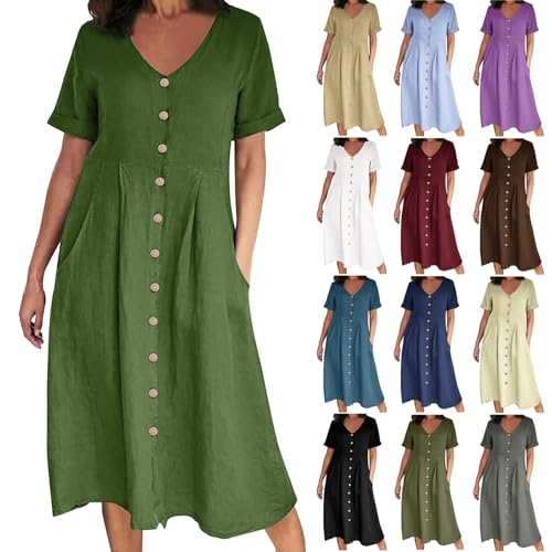 Vestido Informal de Lino y algodón con Cuello en V y Botones para Mujer, Manga Corta Lisa, Talla Grande, Largo con Bolsillo (Green,3XL)