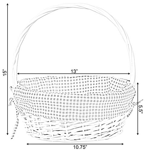 White Round Willow Gift Basket, With Blue Gingham Liner And Handle- Medium #TOP4