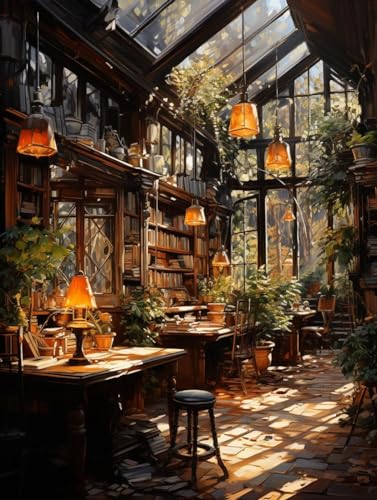 ECUCU 11CT Lienzo Punto de Cruz, Librería Sunset,F,40 * 50cm Kits Estampados de Punto de Cruz,Traje de Bordado Con Patrón de Costura,DIY Hilo de Algodón Paquete de Costura