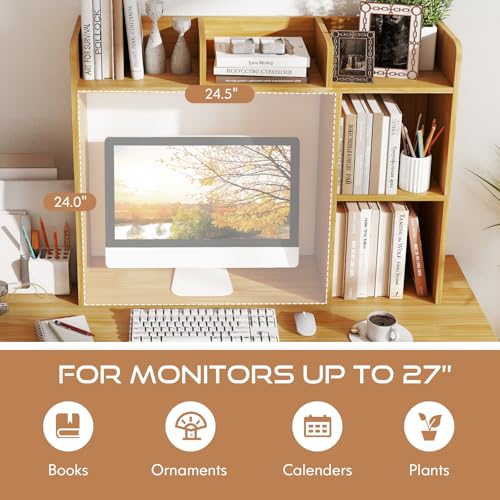 Image of Tangkula Desktop Bookshelf, Countertop Storage Hutch with Shelves for Computer Desk, Desk 3-Tier Display Rack, Multipurpose Wood Desktop Hutch Storage Organizer for Dorm Office