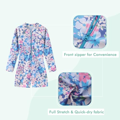 Image of Girls One Piece Swimsuits for Girls Long Sleeve Bathing Suit Sun Protection Rash Guard with Front Zipper 3-16 Years