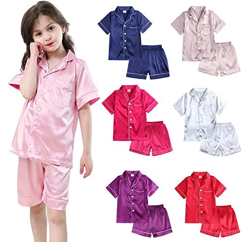 Little Girls Boys Silk 𝗣ajamas Set Summer Satin Short Sleeve 𝗣js 2PC Cute Kids Toddler Baby Solid Button Down Sl𝐞epwear4