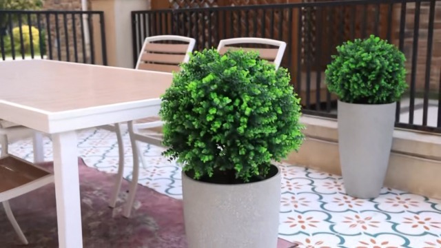 25” Artificial Cedar Topiary Ball Tree, Set of 2 with Ground Spikes, UV Resistant Faux Cypress Plants, Evergreen Shrubs for Outdoor Front Porch Garden Backyard Office Decor