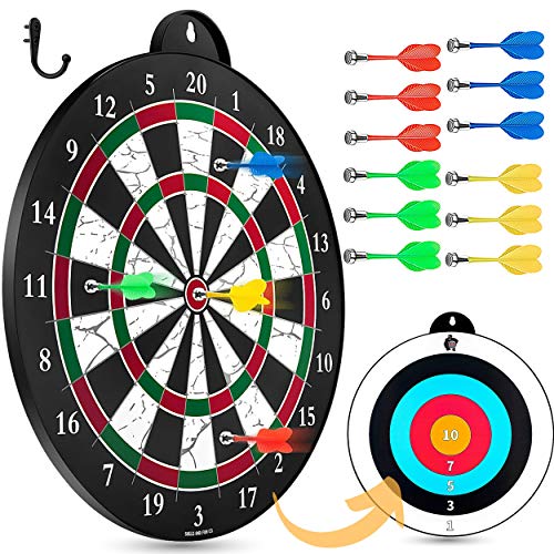 16 Magnetic Dart Board for Kids and Adults. Garage Game Play Break Room, Indoor & Outdoor, 2 Sides, Bonuses: Extra Game Ideas, Wall Hook Set, Plus Free S&F Community Membership