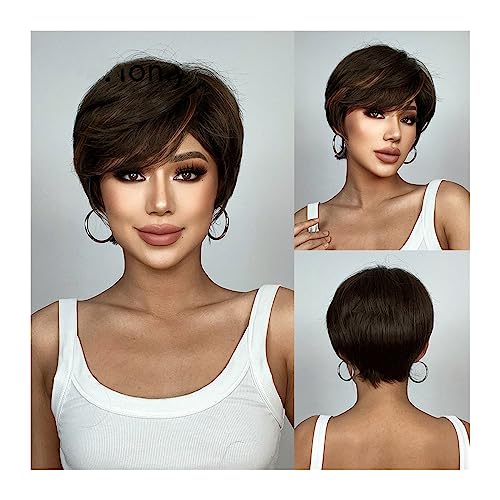 Perruque de cheveux bruns courts avec frange soignée pour femmes