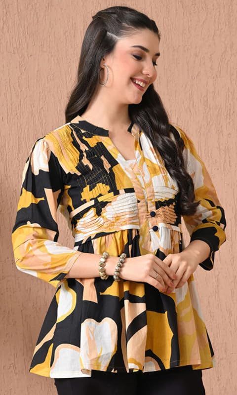 Image of Sun Fashion And Lifestyle Women's Cotton Printed Top Abstract Print Pleated Yoke Tunic Casual Regular Fit Shirt for Office (KT67 Yellow)