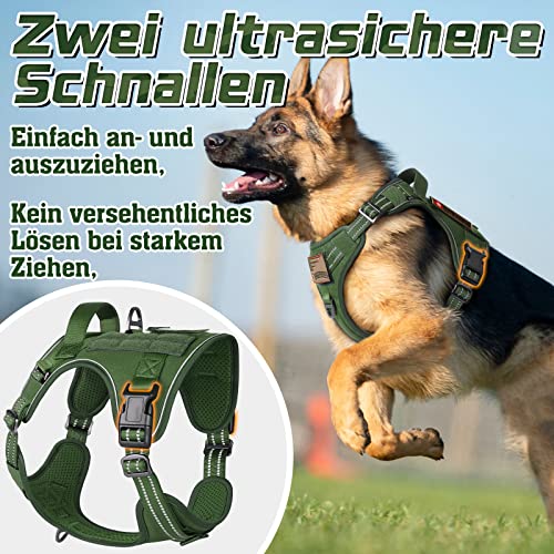 rabbitgoo Hundegeschirr mittelgroße Hunde, Anti Zug Geschirr Hund Verstellbar mit Griffe Verbreitert, Robust und Verschleißfest, Taktisches Hundegeschirr mit Metallschnallen zum Wandern(M, Grün)