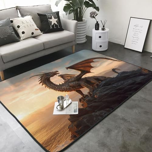 Tapis de salon lavable grand format motif dragon coucher de soleil ciel - 4