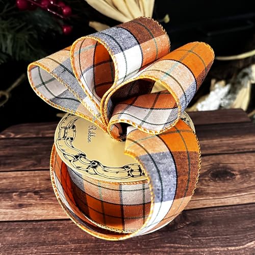 Image of Fall Plaid Wired Edge Ribbon - 2 1 /2 inch x 10 Yards, Orange, Beige, Black, Autumn Decor, Halloween, Thanksgiving, Christmas Wreath, Farmhouse Decoration, Garland, Gifts, Wreath, Bows