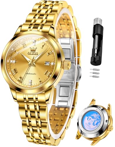 OLEVS Womens Automatic Watch Gold Luxury Diamond Self Winding Ladies Wrist Watches Waterproof Luminous Date