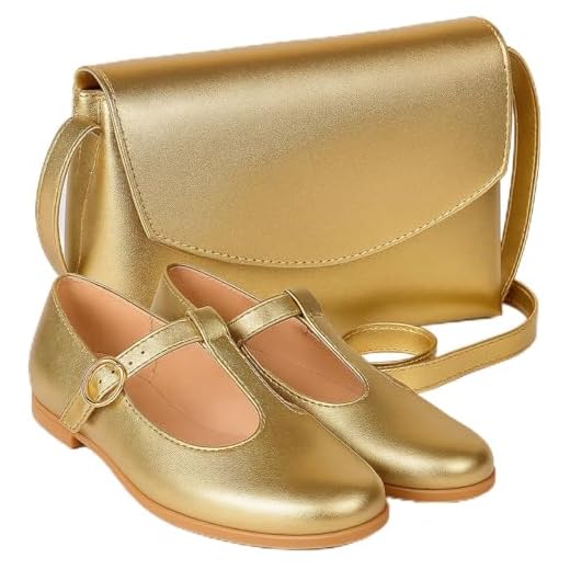 Sapatilha Infantil Mary Jane Prata com Fivela Dourada e Bolsa Transversal Branca (Dourado, BR, Criança de 9 a 12 anos, Numérico, 29)