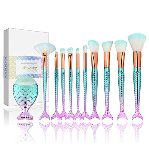 Apr.Fairy Mermaid Makeup Brushes Set Chubby Fish Foundation Brush with Box 11pcs Soft Bristles Beauty Make Up Kit Face Blush Concealer Eye Lip Cosmetics Tool - Green Gradient