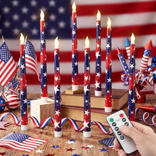 Image of Aurelema 8 Pcs Patriotic Candles Flameless Taper Candles with Remote & Timer 4th of July American Flag Flameless Candlesticks Flickering Real Candle for Independence Day Decoration (Retro Style)