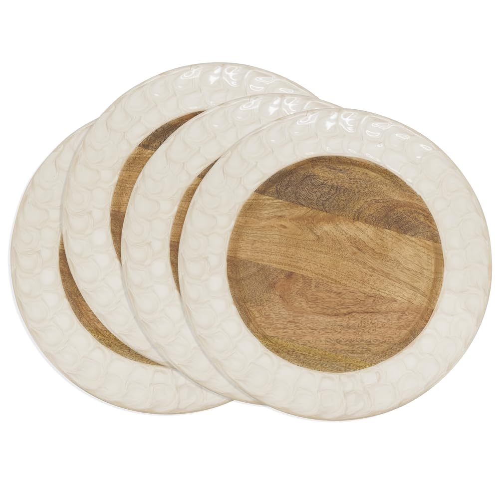 Fennco Styles Ivory Enamel Rim Wood Grain Decorative Charger Plates 13