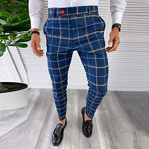 Men's Dress Plaid Pants Slim Fit Flat Front Printed Business Check Trousers Zipper Elastic Waist Pants Trousers Dark Blue #TOP1