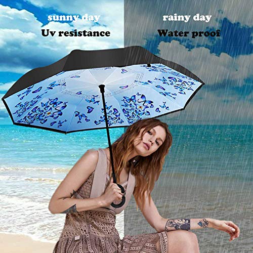 Image of MRTLLOA 40 /49 /56 Inch Oversize Windproof Inverted Reverse Upside Down Umbrella, Golf Size Rain Umbrella, Double Layer, C-Shaped Handle for Men, Women and Kids (Orchid Butterfly, 49 Inch)