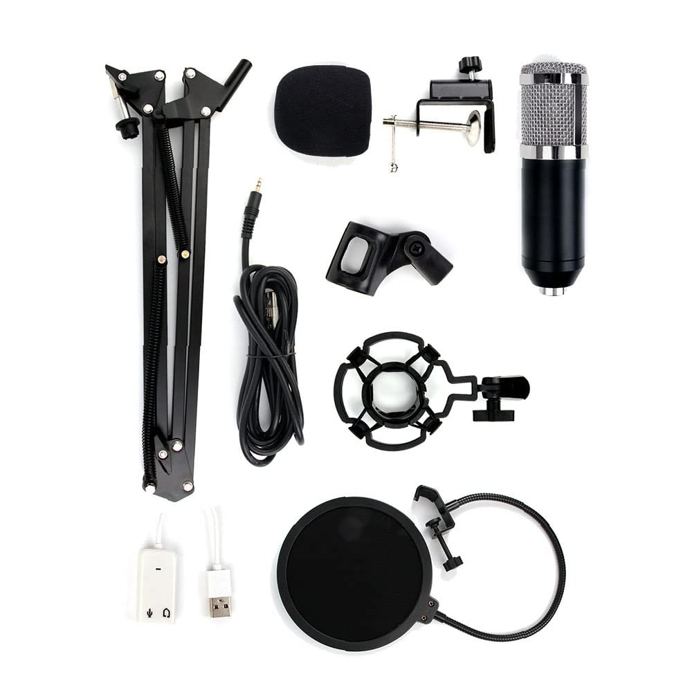 Kondensatormikrofon-Kit BM-800 Mikrofon-Set mit verstellbarem Mikrofon-Aufhängung, Scherenarm, Metallstoßhalterung und doppellagigem Pop-Filter für Studioaufnahmen, Rundfunk (Schwarz + Silber)