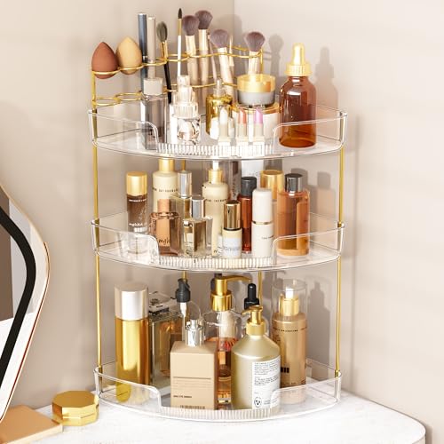 FELIZHOUSE-3-Tier-Makeup-Organizer-for-Vanity-Bathroom-Countertop--Acrylic-Storage-Shelf-with-Perfume-Tray-Makeup-Brush-Holder-Tool-Free-Installation-Design-for-Bathroom-Dresser-Clear