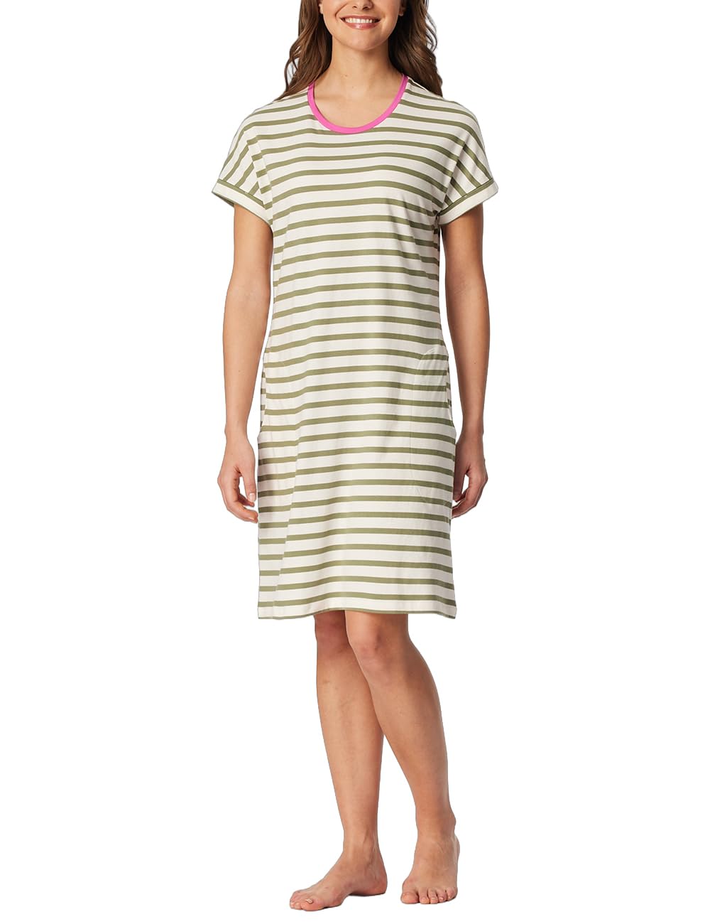 Schiesser Damska koszula nocna z krótkim rękawem, miękka bawełna, duża koszulka z kieszeniami - Nightwear, lipa, 46