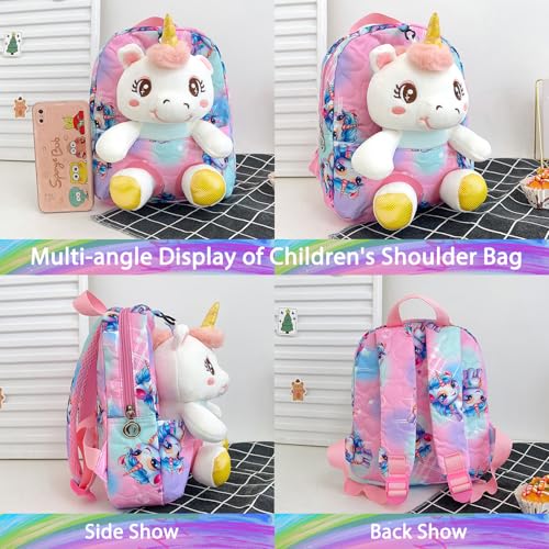 Cyiecw 2 in 1 Kinderrucksack mit Kuscheltier 25cm, Plüschspielzeug Einhorn Rucksack Mädchen, Kindergartenrucksack mit Verstellbare Gurte, für Hort Kindergarten Kinder 2 3 4 5 Jahren (Rosa)