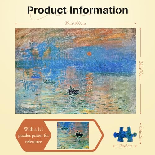 MISITU 2000 Pieces Jigsaw Puzzles for Adults "Rising Sun" by Monet, Art Puzzle Home Decoration, 70 x 100 cm - Image 3