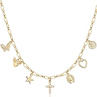 HumbleChicNY Gold Charm Necklace for Women - Chunky Paperclip Chain with Pearl Cross, Star, Heart, Butterfly Charms