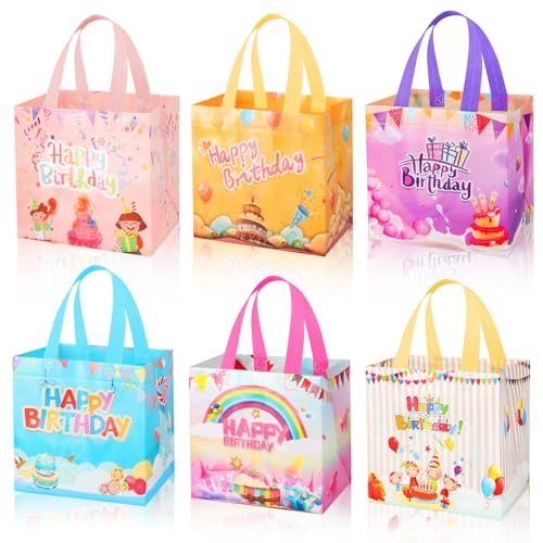 Lanfixilly 6Pcs Happy Birthday Gift Bags, Waterproof Reusable Non Woven Happy Birthday Party Gift Wrapping Bags with Handles for Girls Boys Women Men
