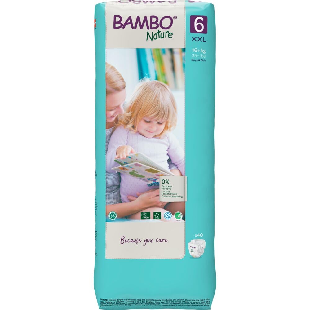 Bambo Nature Hypoallergenic Baby Diapers, Eco-Labeled Diapers, Enhanced Leakage Protection, Totally Chlorine-Free, Skin Friendly, and Super Absorbent - Size 6 (40 Count)
