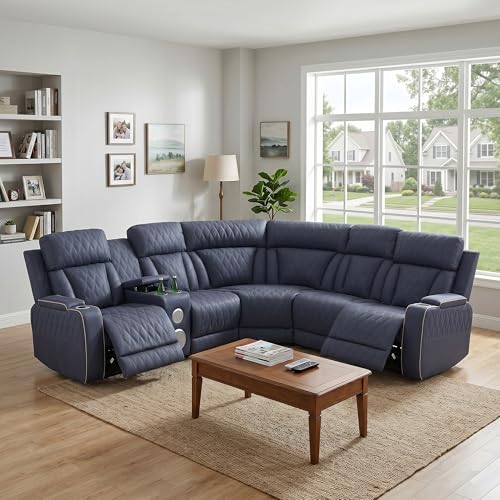 Image of Power Recliner Sectional Sofa, L-Shaped Living Room Furniture, 5 Seaters Reclining Sectional Couch with Storage Console /Cup Holder, Navy Leather Furniture for Living Room /House /Apartment