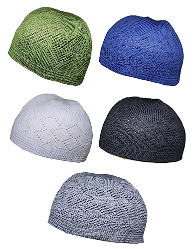 Set 5 Color Muslim Prayer Hat Men Skull Cap AMN-393 Beanie Islam Kufi Peci Hat Crochet Takke Eid Ramadan Gift