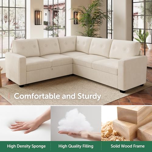 Image of HONBAY 5-Seater U-Shaped Sectional Sleeper Sofa with Pull-Out Bed, Corduroy Sectional Sofa for Living Room, Beige