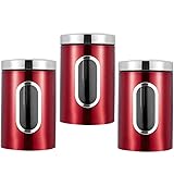 Vorratsdose, 3 Stück Vorratsdose Lebensmittel Aufbewahrungsbehälter Edelstahl Vorratsbehälter mit Deckel und Transparentem Sichtfenster für Tee, Getreide, Trockenfrüchten, Tiernahrung 1.5L (rot)