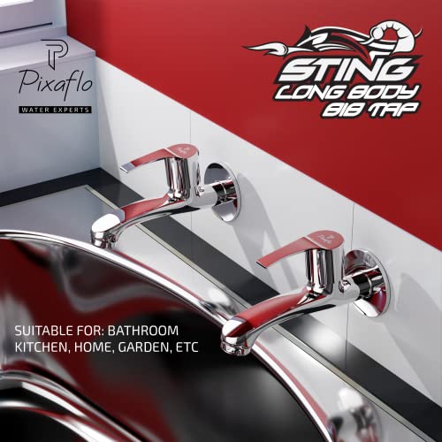Image of Pixaflo Sting Brass Long Body Bib Cock Tap with Wall Flange (Pack of 1) (Chrome)