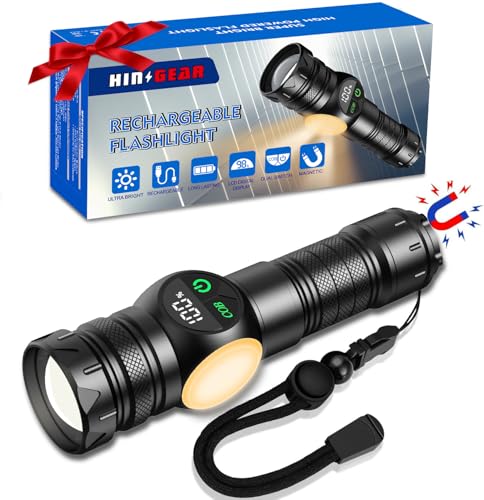 HinsGEAR Linternas LED superbrillantes con magnético, 500000 lúmenes, potente linterna recargable con pantalla digital LCD, linterna de alta potencia con 9 modos y zoom para camping, emergencia