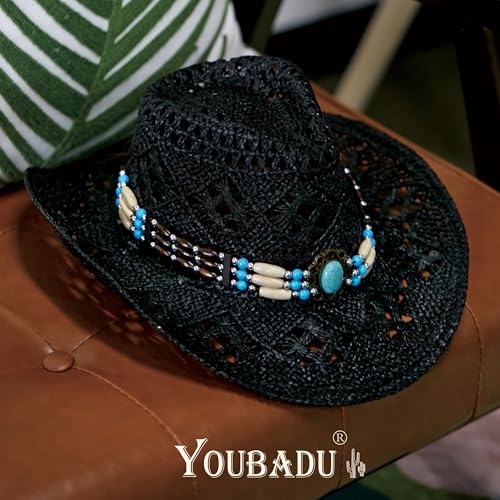 Image of YOUBADU Western Straw Cowboy and Cowgirl Hats with Decorative Bands - Unisex Wide Brim Raffia Style Sun Hat