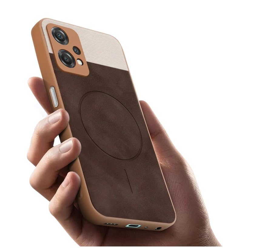 Image of Bintage CASE Mac Safe Design Hard Light Weight Back Case | Soft Border Camera Protect | Dual PU Leather Finish Back Cover Compatible for OnePlus Nord CE 2 Lite 5G - White & Cherry Brown
