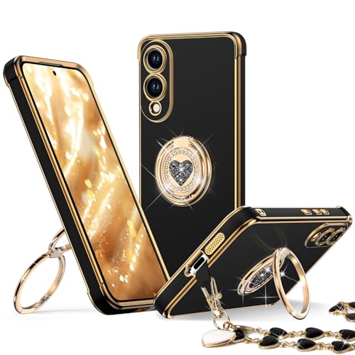 Image of XYZ for Galaxy S25 Edge Case with Stand, for Samsung Galaxy S25 Edge Case with Double Ring Kickstand, Women Girls Cute Love-Heart Bling Luxury Protective Phone Case for Samsung S25 Edge 6.7'', Black
