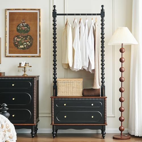 Stylish Solid Wood Clothes Rack with 2 Drawers Standing Coat and Hat Organizer Bedroom Garment Storage Stand 80cm