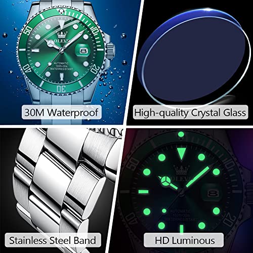 Olevs QBZ-S-G6650GS-BLV Silver Watch For Men Large Face Automatic Self Wind Watch Big Wrist Stainless Steel Mechanical Men'S Green Watch With Date Luminous Waterproof Dive Style Men Dress Watches Relojes Para Hombres thumb #5