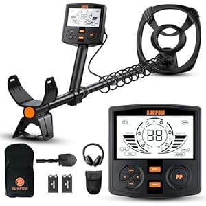 SUNPOW Detector de Metales para Adultos Profesional – Alta Precisión con Bobina Impermeable de 12″, Pantalla LCD Retroiluminada 2x, Chip DSP Avanzado, Longitud Ajustable, Estructura Espiral Resistente