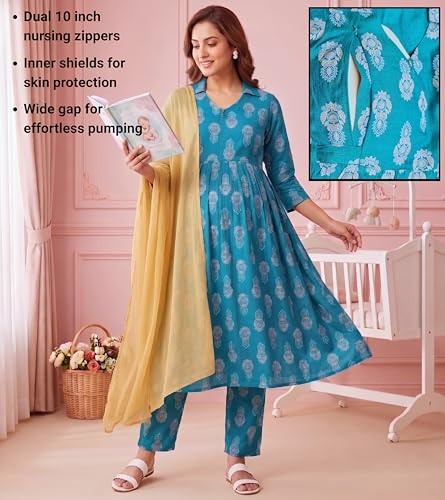 Image of DUMMY SHAPE Maternity Dresses for Women Cotton Rayon | Floral Kurta Pant Dupatta Set with Nursing Zippers to Pre & Post Partum | Feeding Kurtis | Mom to Be Gifts for Pregnant Woman